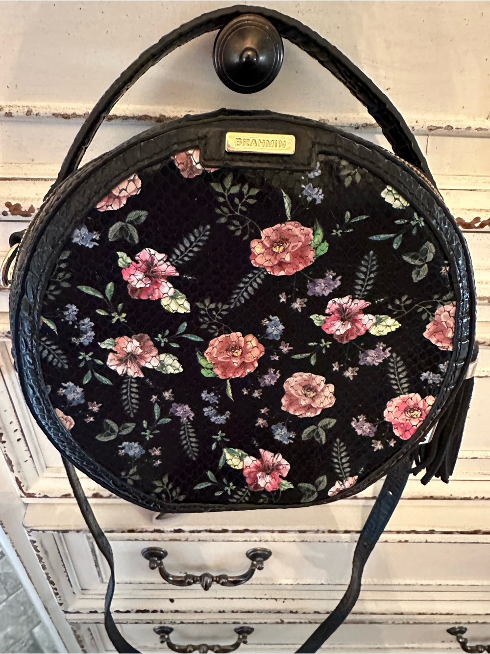 Brahmin Black Round Crossbody with Pink Floral Print
